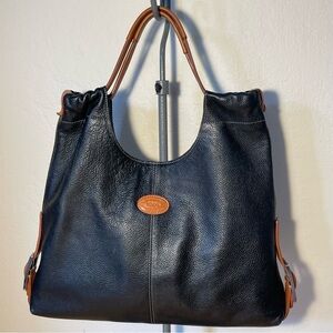 Tod's full grain black leather tote bag details in brown leather